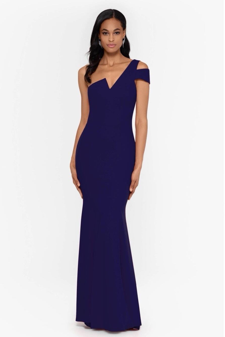 Betsy & Adam Women’s Evening Gown Navy Blue One Shoulder Cutout Asymmetrical 6P